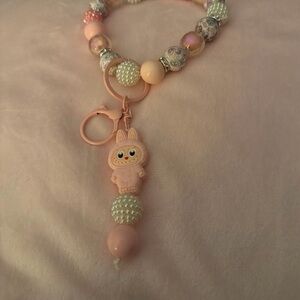 Pink and Cream Beaded Kids Keychain